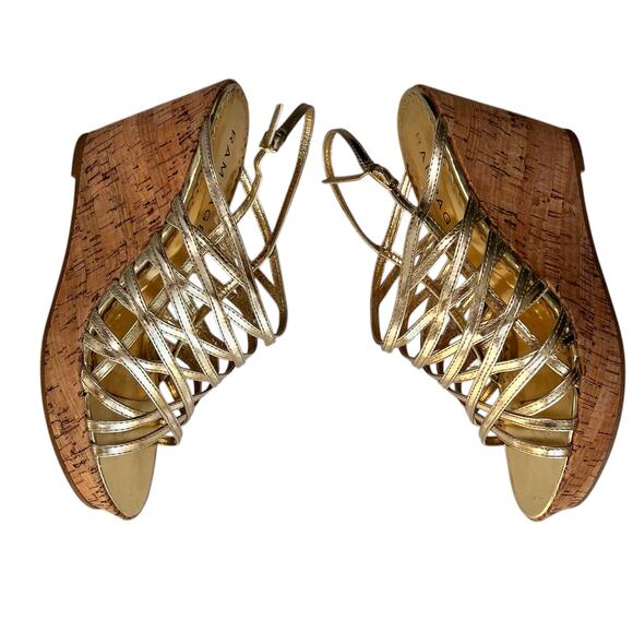 Rampage Gold Metallic Strappy Sandal Womens Sz 8 Cork Wedges Glam Holiday‎ Club - Picture 4 of 14